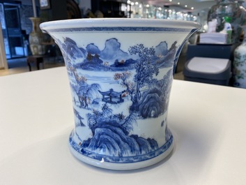 A fine Chinese blue, white and copper red 'Master of the Rocks' brush pot, Kangxi